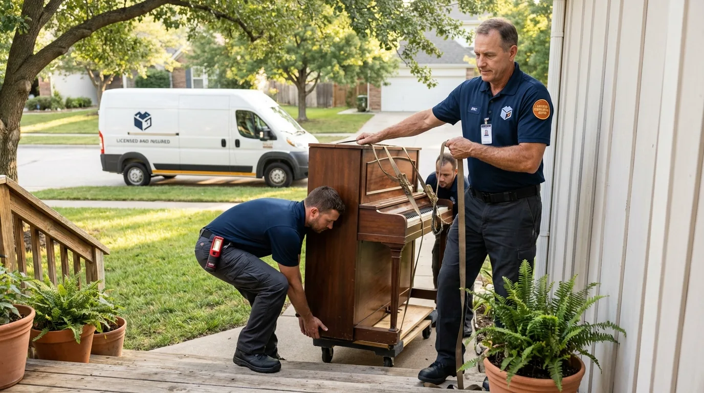 Licensed piano movers securing grand piano in Thermopolis, WY