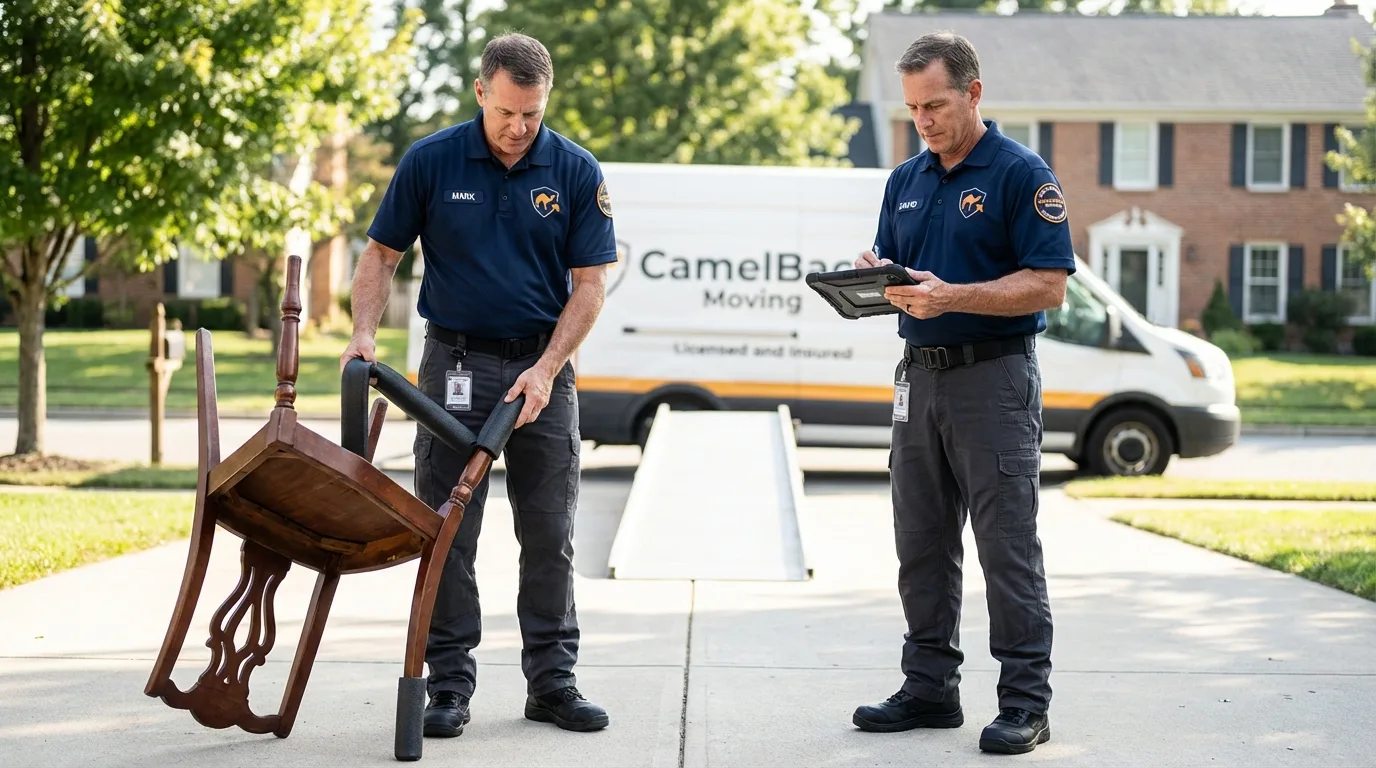 Movers inspecting furniture for damage prevention before loading in Thermopolis, WY