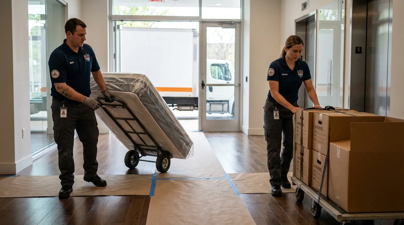 Professional apartment movers loading elevator in Thermopolis, WY