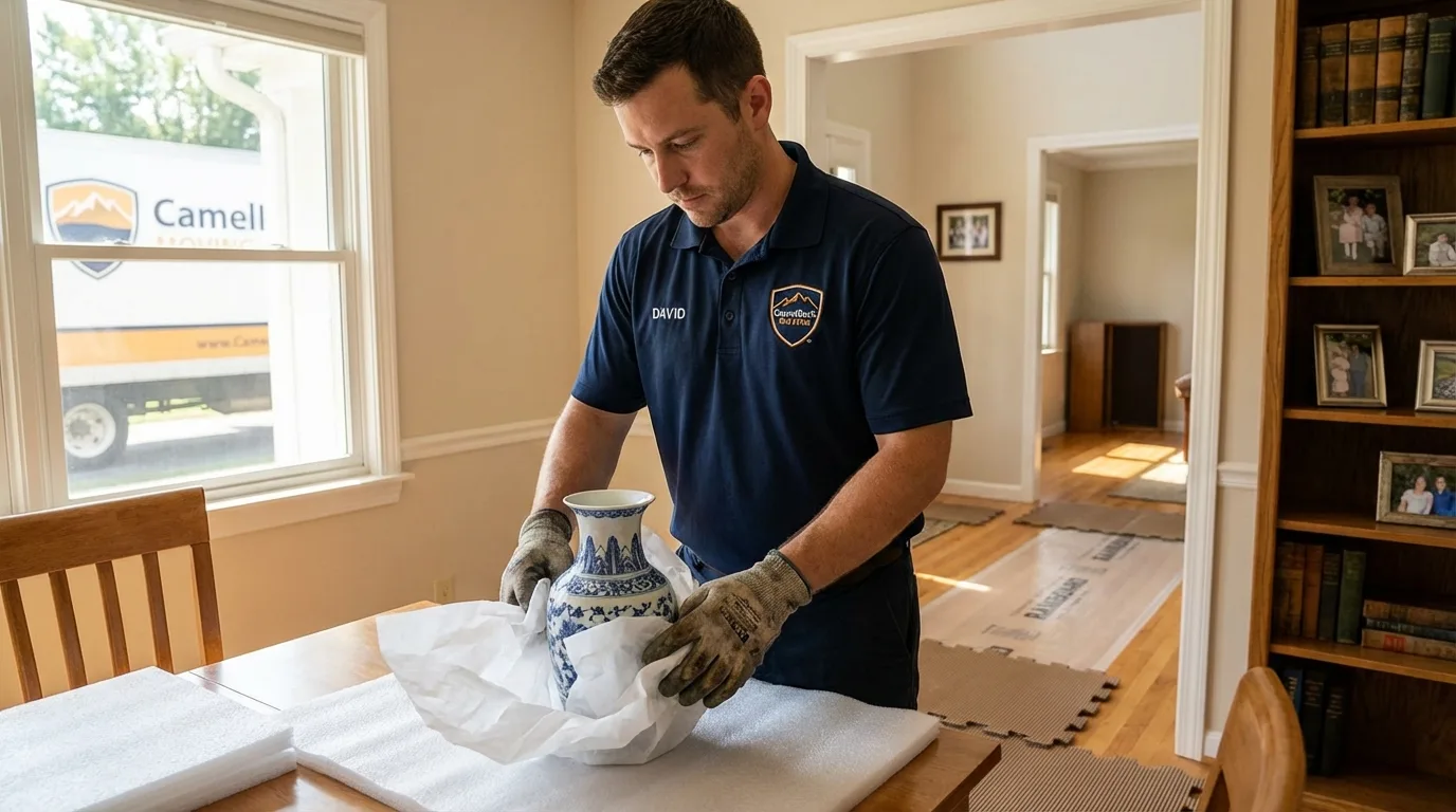 Professional crew carefully wrapping antique vase for senior downsizing move in Thermopolis, WY